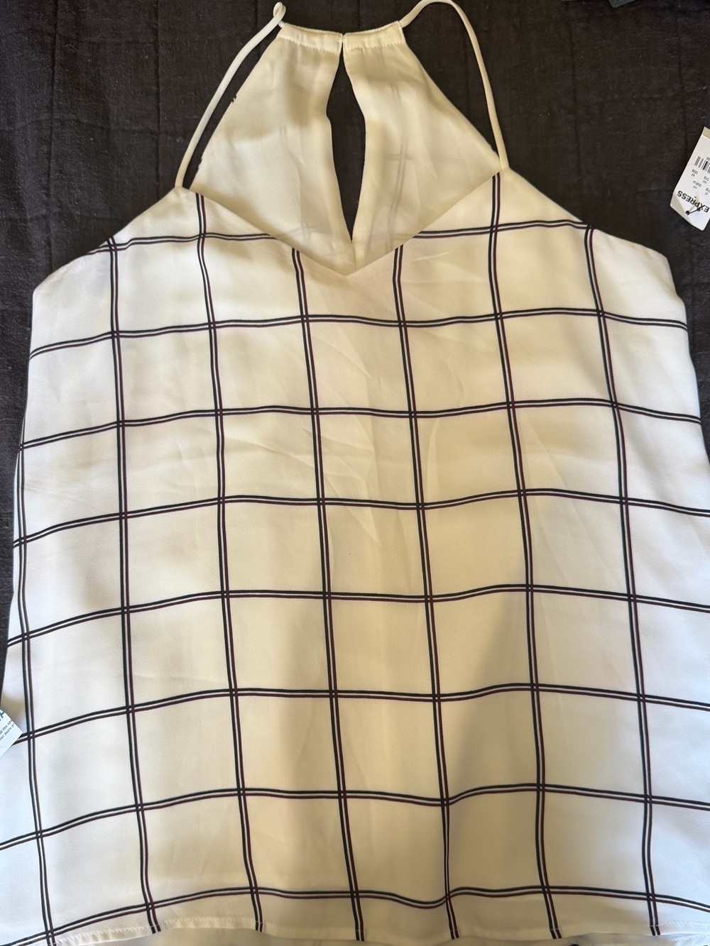 Express Barcelona Cami Spaghetti Strap Top in White with Black Windowpane Check